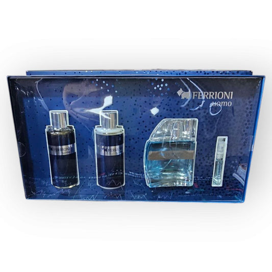 Ferrioni Uomo Gift Set para Hombre – Eau de Toilette 100 ml + Body Shampoo 150 ml + After Shave Gel 150 ml + Mini Eau de Toilette 5 ml