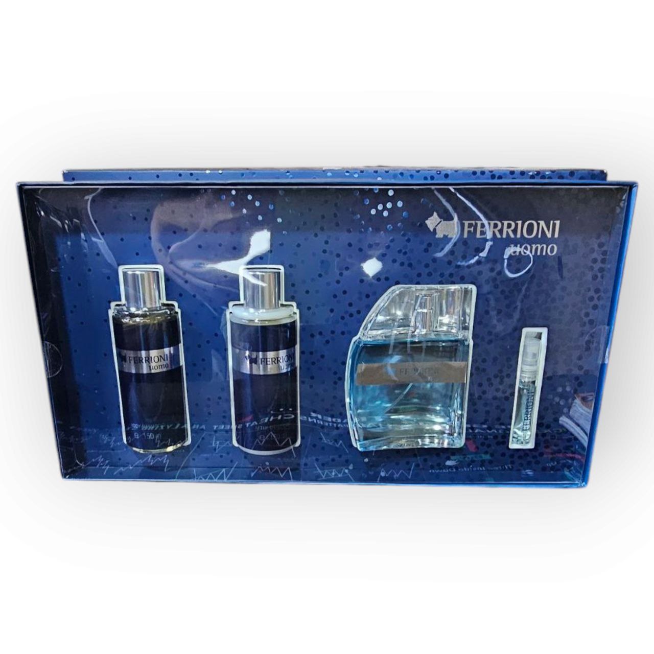 Ferrioni Uomo Gift Set para Hombre – Eau de Toilette 100 ml + Body Shampoo 150 ml + After Shave Gel 150 ml + Mini Eau de Toilette 5 ml