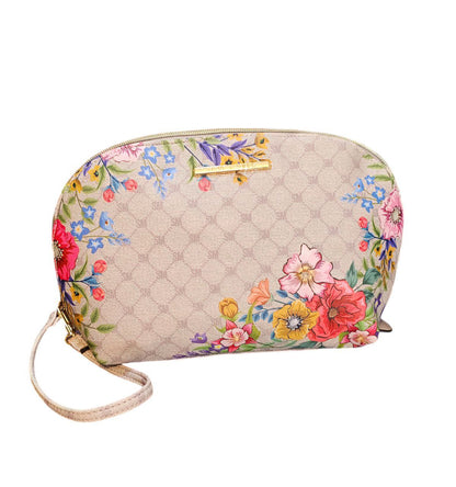 Cosmetiquera Steve Madden Beige con Diseño Floral y Detalles Dorados