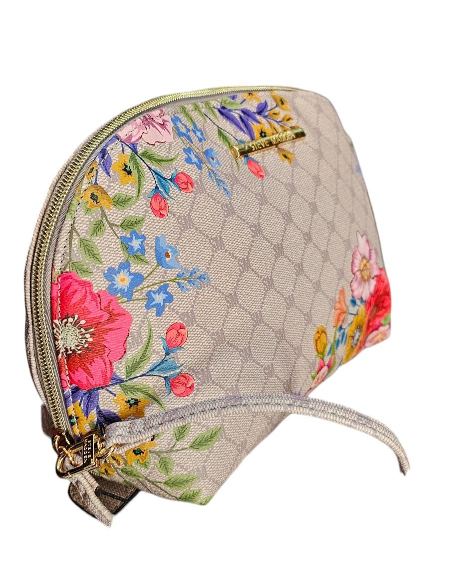 Cosmetiquera Steve Madden Beige con Diseño Floral y Detalles Dorados