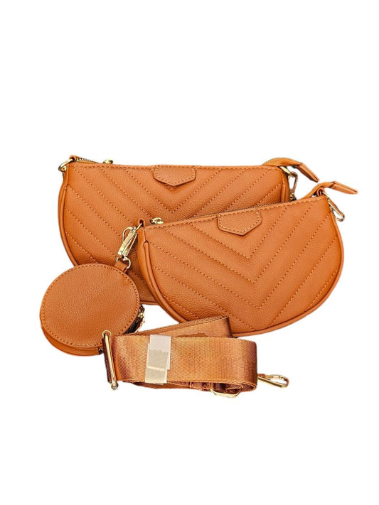 Bolso Crossbody 3 en 1 Acolchado Color Marrón | Incluye Bolsa Extra y Monedero